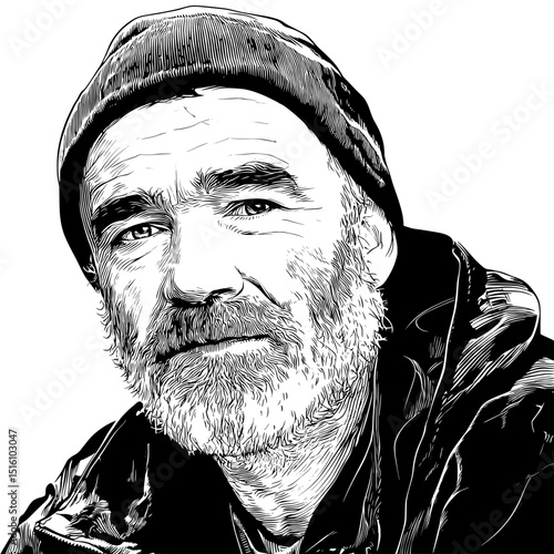 Profile view of a bearded man in a beanie, created using an engraved illustration technique
