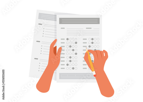 Student filling out answers to exam test stock illustration