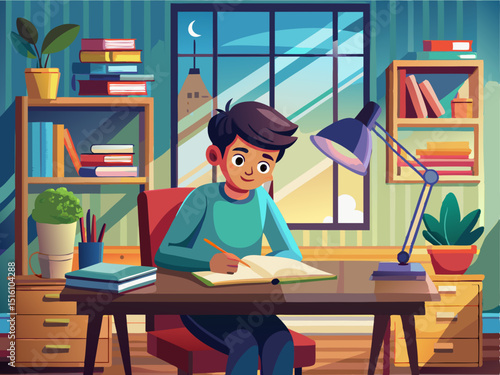 A professional vector of a student concentrating on homework at a wooden table with books and a lamp, on a soft interior background