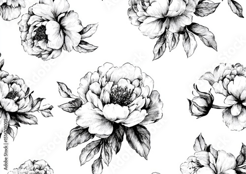 Fototapeta Naklejka Na Ścianę i Meble -  Black and white floral pattern with detailed botanical illustrations of peonies and leaves.  Delicate and intricate design, perfect for textiles or wallpapers