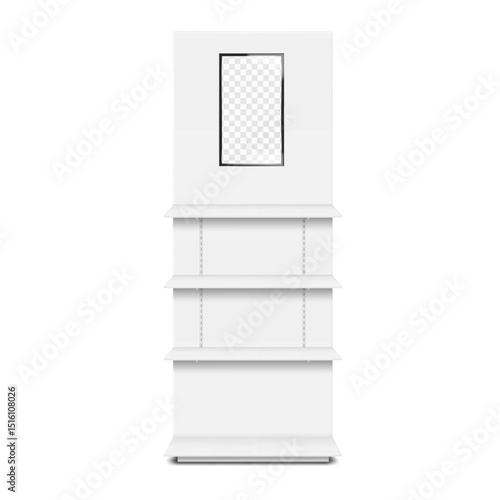 POP display stand with shelves and LED screen front view. Realistic 3d vector mock-up. Floor standing retail exhibition rack construction with built-in LCD monitor. Mockup. Template for design