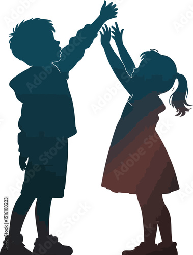 Silhouette illustration of two children reaching upwards in playful interaction on white background