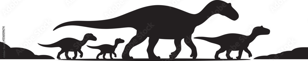 Silhouette of a dinosaur family walking together on a white background in a line Silhouette of a dinosaur family walking together on a white background in a line