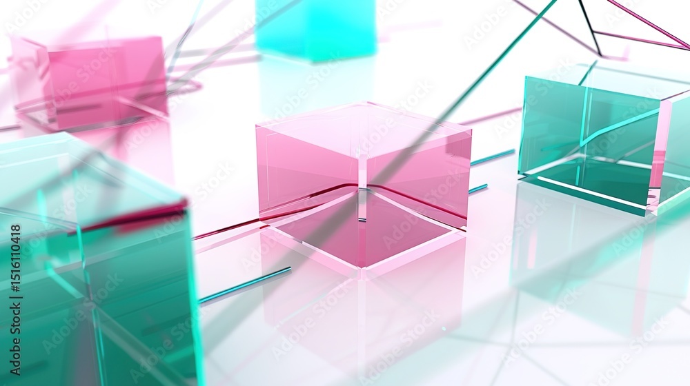 Pink and turquoise floating geometric platforms are connected by glowing paths, with a subtle depth of field. It is clean, modern and highly immersive.