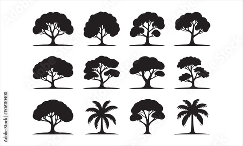 A set of various tree silhouettes in black on a white background.