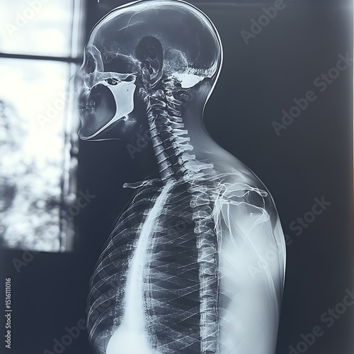 Side profile chest X-ray emphasizing thoracic vertebrae and lung volume Medical Imaging and Diagnostics Healthcare Education