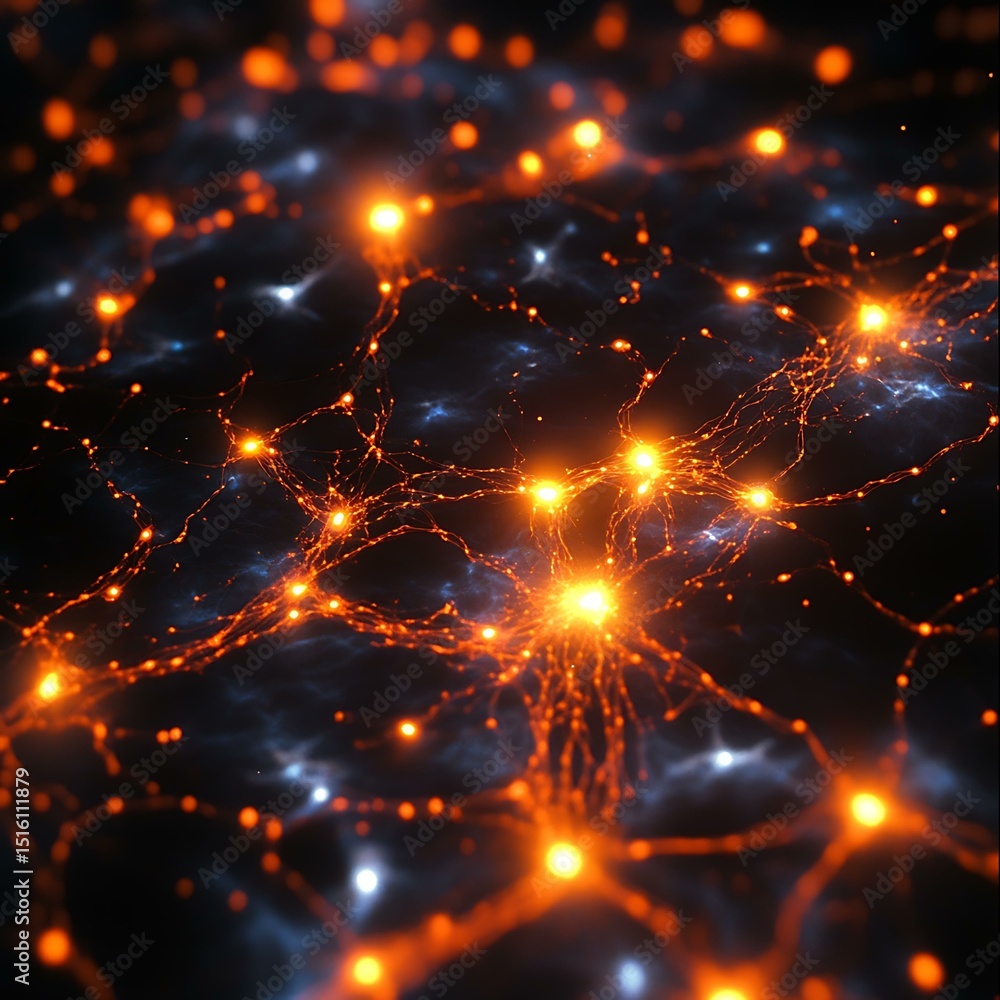 Obraz premium Glowing neural cells interacting across synapses in a dense web-like structure Neuroscience Education Brain Research and Neurology