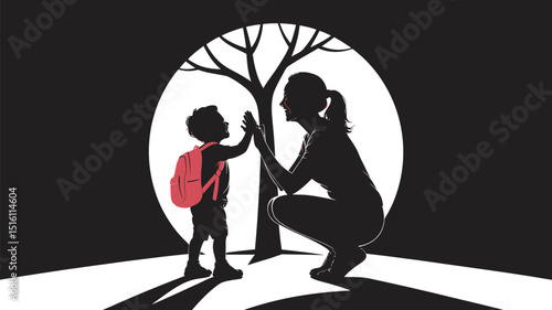 Silhouette of a mother and child high fiving before school in a positive scene