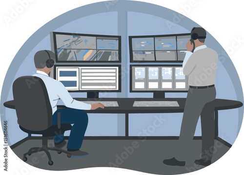 "Emergency dispatch operators monitor city traffic and coordinate real-time responses from a control room filled with surveillance screens in the early morning hours.