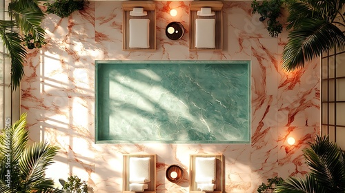 Exotic Relaxation: A Marble Bathtub Oasis Adorned with Tropical Foliage and Warm Light