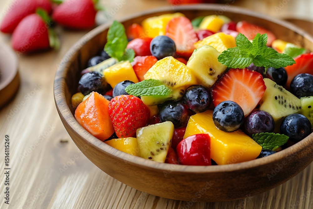 Wooden bowl overflows with a vibrant fruit salad strawberries, blueberries, mango, kiwi and mint Wooden bowl overflows with a vibrant fruit salad strawberries, blueberries, mango, kiwi and mint
