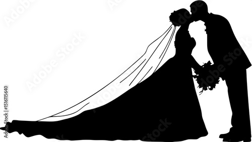 A black and white silhouette of a bride and groom sharing a kiss. The bride is on tiptoe, her bouquet at her side, and the groom leans in gently. They are centered in the image with no background elem