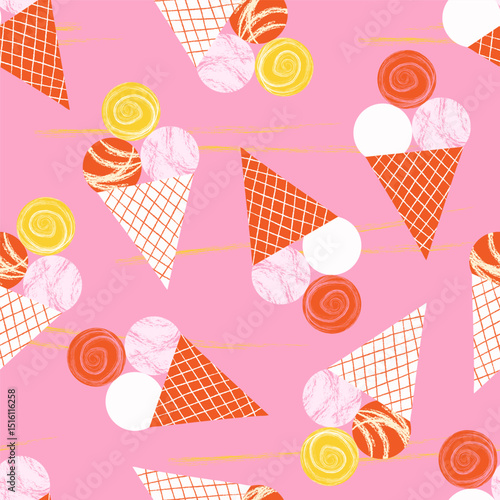Ice cream cones with colorful scoops in seamless geometric pattern. Flat vector illustration. Summer dessert and sweets concept. Repeating pattern background
