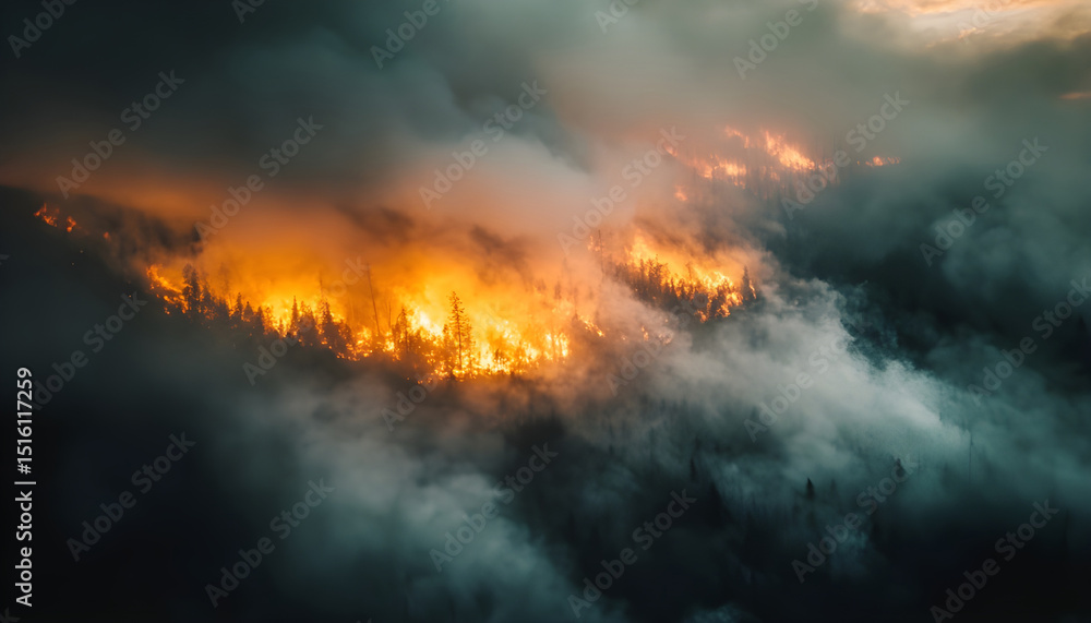 Naklejka premium Wildfires release carbon dioxide (CO2) emissions and other greenhouse gases (GHG) that contribute to climate change
