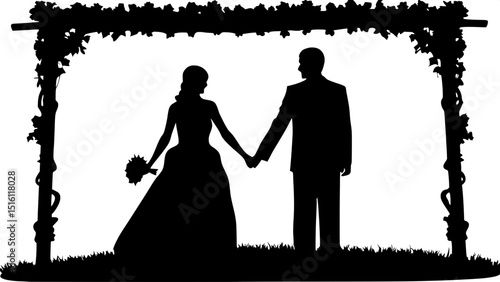 A black and white silhouette of a bride and groom standing under a simple wedding arch. They are holding hands, centered in the image, seen in profile or from the back. The bride’s dress flows to the 