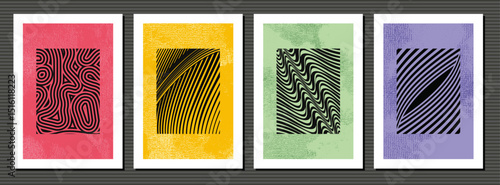 Set of abstract geometric wavy striped backgrounds – modern optical art pattern posters with vibrant color frames.
