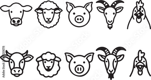 Farm Animals Icon Set Cow Sheep Pig Goat and Chicken Isolated on Transparent Background