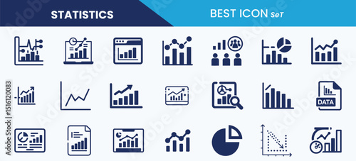 Best statistics icon set collection. Analysis, charts, graphs, data reports, pie charts, bar graphs and vector illustrations.