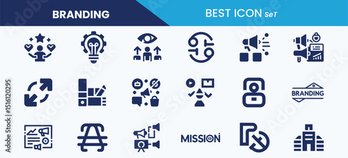 Branding best icon set collection. Company, promotion, innovation, identity, rebranding, color scheme, marketing and vector illustration.