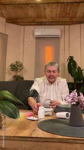 Vertical elderly woman caring for health by measuring temperature, blood pressure in living room. A daily pill organizer and medicine are visible nearby, reflecting her routine and medical attention
