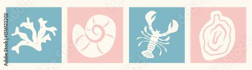 Summer and beach concept poster card set. Modern abstract prints with hand drawn coastal, lobster, seashells, coral. Summer holiday, sea, surf theme, vacation travel illustrations. vintage wall decor.