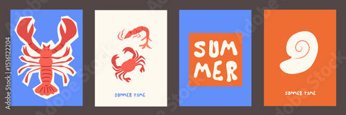 Wallpaper Mural Summer and beach concept poster card set. Modern abstract prints with hand drawn lobster, shrimp, seashells, coral. Summer holiday, sea, surf theme, vacation travel illustrations. vintage wall decor. Torontodigital.ca