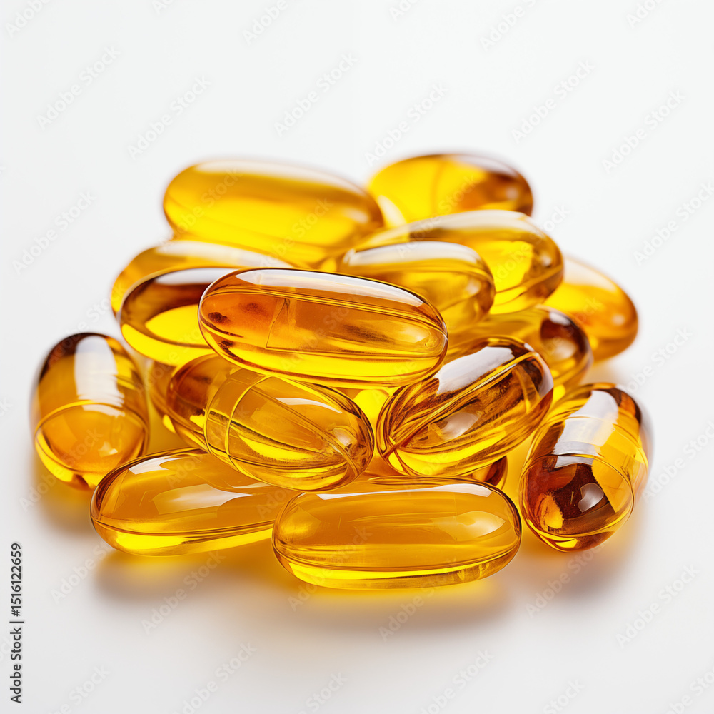 Close-up of yellow transparent gel capsule placed on white background. Suitable for designing dietary supplement and pharmaceutical products. Close-up of yellow transparent gel capsule placed on white background. Suitable for designing dietary supplement and pharmaceutical products.