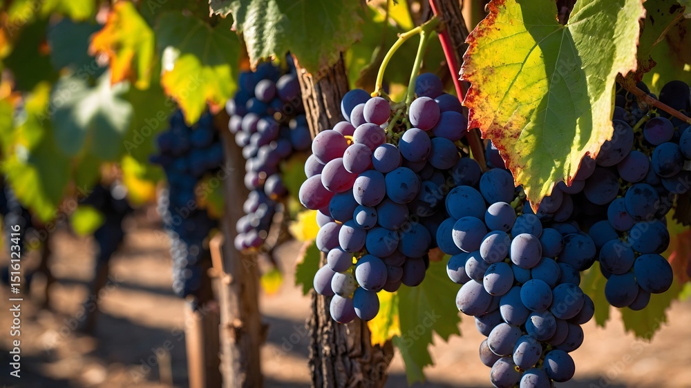 Naklejka premium vineyard brimming with ripe, luscious grapes ready for harvest. The grapes are a deep, inviting color, hanging heavy on the vines under the warm sun