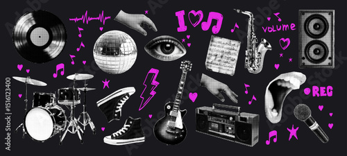 Trendy halftone music retro elements set. Vinyl record, mouth with microphone, eyes, chain, drums, sneakers, chain. Grunge punk dotted texture. Vector illustration.