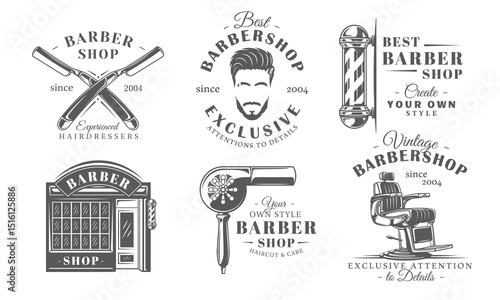 Barbershop logos vintage with pole, hair, beard, razor, salon chair, and dryer icons for professional barber shop branding. Vector illustration