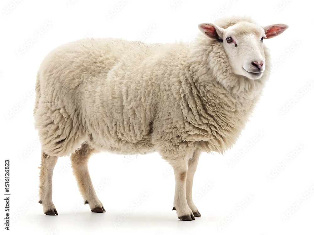 Fluffy White Sheep Standing on a White Background Fluffy White Sheep Standing on a White Background