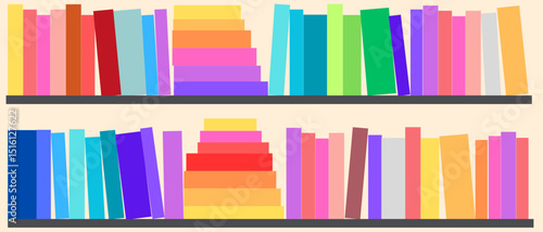 60 empty book spines in rainbow color, energetic read books tracker vector design with 2 bookshelfes