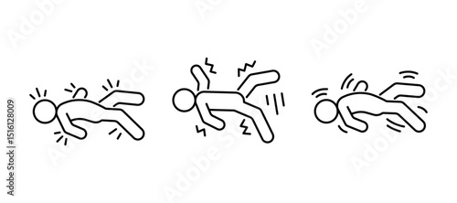 Epilepsy line icon set, epileptic seizure. Body in shaking, tremor. Mental disorder. Man lying with spasm, cramp. Vector linear illustration