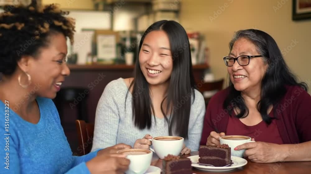 Wide over-the-shoulder handheld shot of a group of women sitting together sharing stories over a cup of coffee and a slice of cake all wearing casual clothing Wide over-the-shoulder handheld shot of a group of women sitting together sharing stories over a cup of coffee and a slice of cake all wearing casual clothing