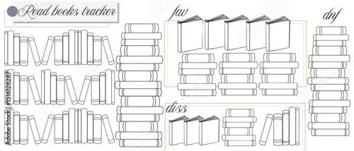 a4 printable book reading tracker vector design with stacks & bookshelfes; 60 up to 112 read books to be marked; book spines outline with fav, diss & dnf sections