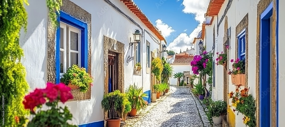 Fototapeta premium Picturesque Obidos Street in Portugal Vibrant Flowers, Cobblestone Path, and Historic Charm Await