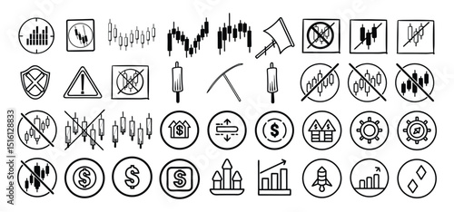 A collection of hand drawn financial investment and stock market trading icons and illustrations in black and white