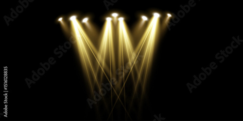 Vector scene lighting effects - set of concert gold spotlights with glowing beams, realistic light sources for event design, party posters, web banners and use of transparent backgrounds