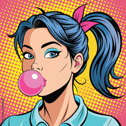 Woman blowing bubble gum in pop art style illustration