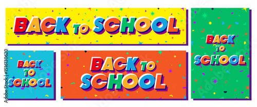 Back to school banner, poster, card cartoon style trendy typography on memphis background cute style for poster, post social media. Vector 10 eps