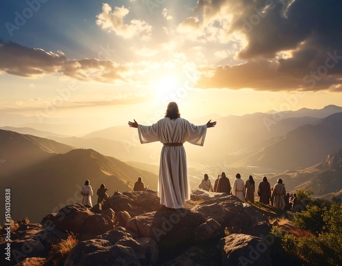 Jesus on mountaintop, sunrise