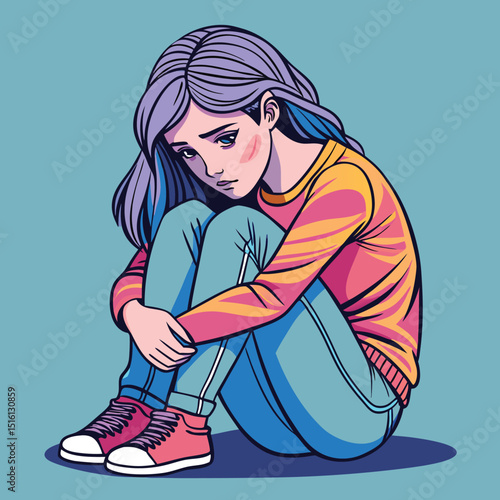 Cartoon girl sitting hugging knees with sad expression art