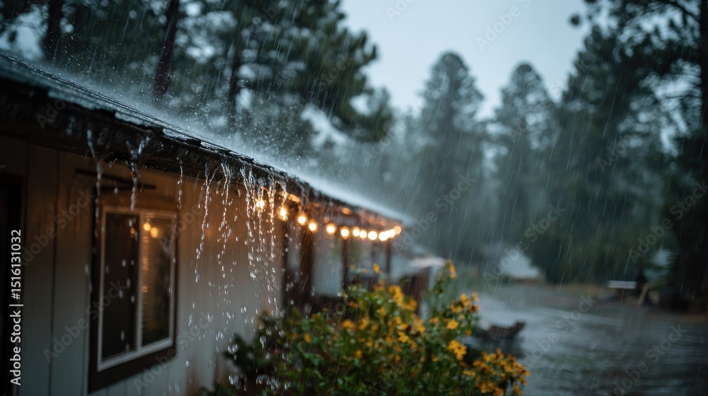Fototapeta premium Heavy rain pouring off residential rooftop with forest in background — moody rural home scene during bad weather symbolizing vulnerability, maintenance costs and climate impact