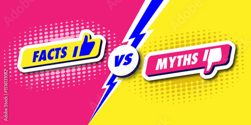 Facts vs myths card 3d style on colorful halftone background. Fact checking or easy compare evidence. Concept illustration Vector 10 eps