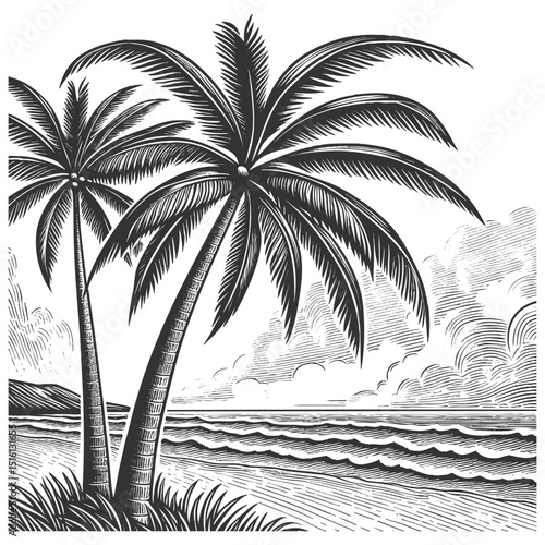 tropical beach scene featuring tall palm trees, ocean waves, and distant clouds in retro style sketch engraving generative ai vector illustration. Scratch board imitation. Black and white image.