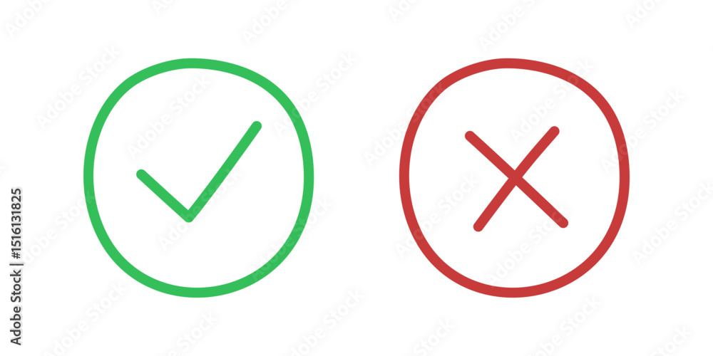 Doodle icon of check mark and cross. Hand drawing of green Ok sign and red X sign.Yes and No circle symbols for vote button Doodle icon of check mark and cross. Hand drawing of green Ok sign and red X sign.Yes and No circle symbols for vote button
