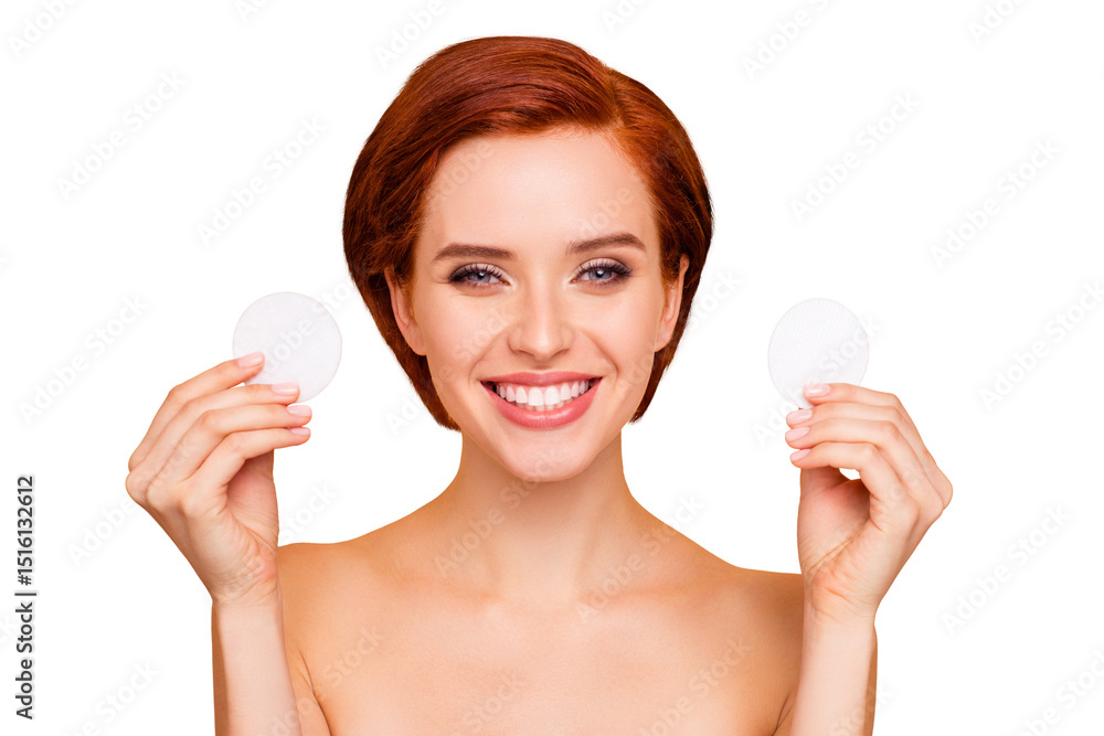 Close-up portrait of nice cute lovely adorable charming attractive cheerful girl holding in hands showing two pads clean clear flawless skin isolated over beige background Close-up portrait of nice cute lovely adorable charming attractive cheerful girl holding in hands showing two pads clean clear flawless skin isolated over beige background