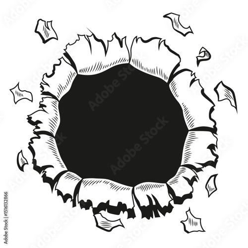 Comic book hole in coloring style. Vector paper is torn through boom explosion. Circle hole in the middle on color background. Comic style cover template or flyer wallpapers