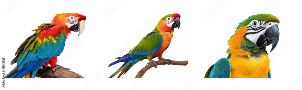 Fototapeta premium colorful macaws on branches isolated on white background