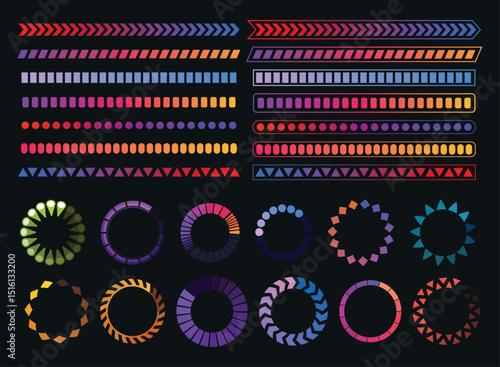 Loading process and status bar icons, HUD interface. Vector Sci Fi digital futuristic elements for dashboard, technology style neon glowing ui navigation for game menu design or web site data load